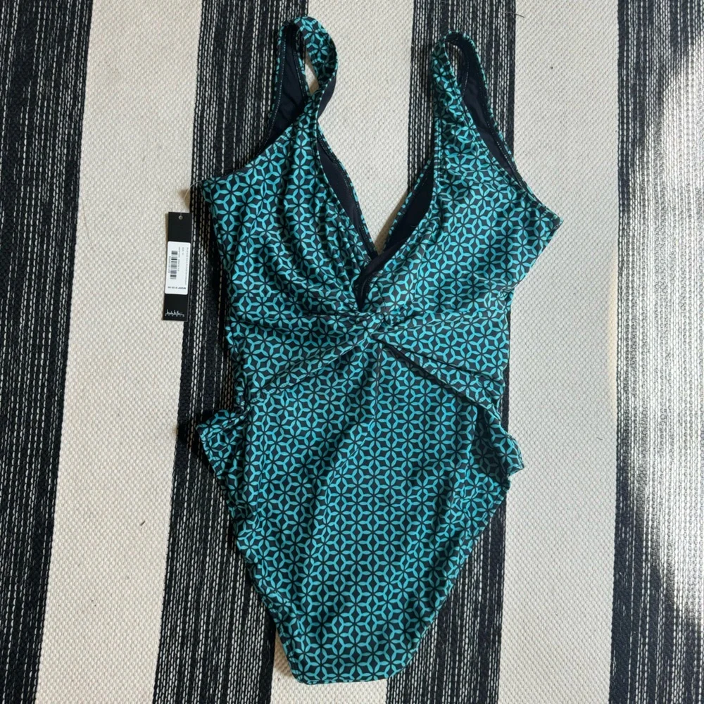 Nicole Miller New York Womens One Piece Twist Front Plunge in Green Tile Size 1x